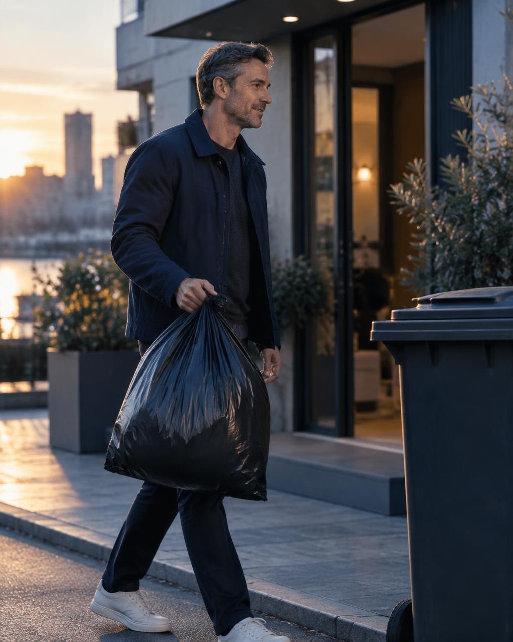 Vecino sacando la basura con una bolsa Maxibag